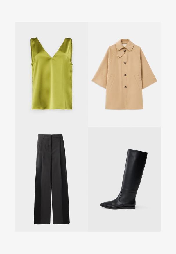 Beige kabát z vlněné směsi s klasickým límcem, zapínáním na knoflíky vpředu a bočními kapsami; má raglánové rukávy a čistý, strukturovaný design.; Satinový zelený top bez rukávů s výstřihem do V a hladkým povrchem, s čistými okraji a minimalistickým designem.; Černé kalhoty širokého střihu s vysokým pasem, které mají přední sklady, hladký povrch a upravený vzhled. Navrženy pro volný střih.; Černé kožené vysoké boty do půli lýtek s špičatou špičkou a minimalistickým designem. Hladký povrch a plochá podrážka, s nenápadnými švy po stranách.