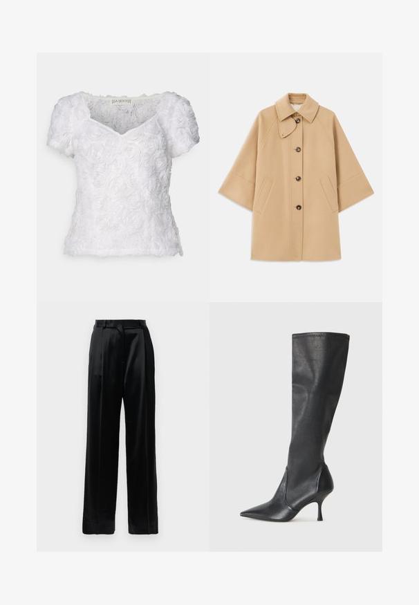 Beige Wollmischungsjacke mit klassischem Kragen, durchgehender Knopfleiste und Seitentaschen; verfügt über Raglanärmel und ein sauberes, strukturiertes Design.; Weiße Bluse mit kurzen Ärmeln, die ein strukturiertes Rosenmuster aufweist, V-Ausschnitt und weicher Stoff. Das Etikett trägt die Aufschrift "DA SJÖSTEDT".; Schwarze, hochtaillierte Satinhosen mit geraden, weiten Beinen, Gürtelschlaufen und einem flachen Frontverschluss vor einem schlichten weißen Hintergrund.; Knöchelhoche schwarze Lederstiefel mit einer spitzen Zehe und einem schlanken Stiletto-Blockabsatz. Glatte Textur mit einer enganliegenden Passform und Nähten am oberen Rand.