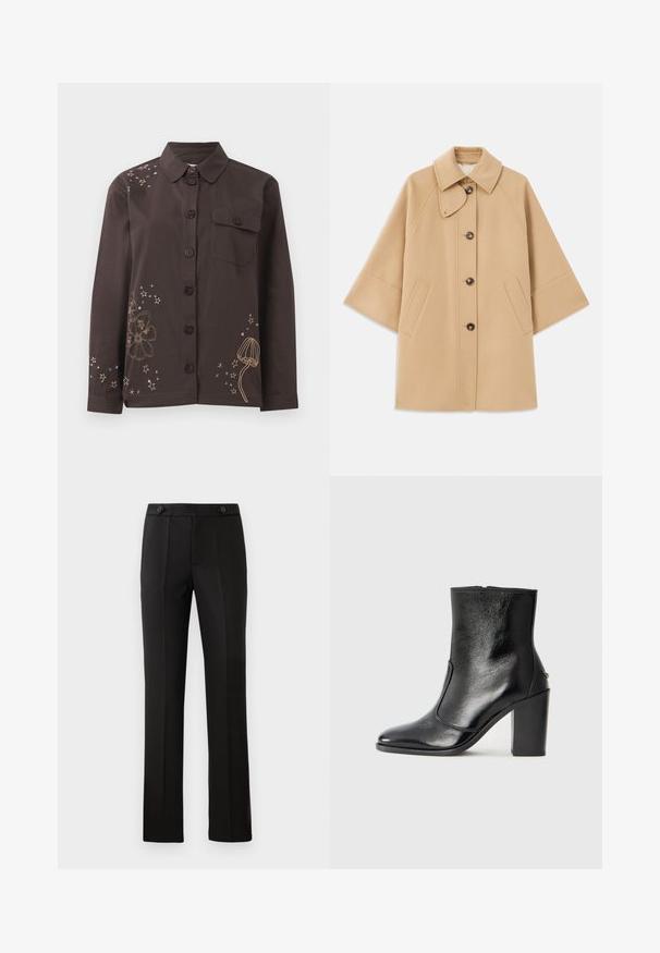 Beige gyapjú mix kabát klasszikus gallérral, elülső gombos záródással és oldalsó zsebekkel; raglán ujjaival és letisztult, strukturált dizájnjával rendelkezik.; Barna gombos ing, gallérral, arany és kék virágmintás és csillagmintás hímzéssel, bal oldalon zsebekkel. Pamut anyag.; Fekete, szabott nadrág egyenes lábbal, két elülső zsebbel, gombos záródással és plisszé részletezéssel elöl. Simább anyagú textúra.; Fekete bőr bokacipő sima textúrával, hegyes orral és vastag, magas sarkával. Oldalnyílással és minimalista dizájnnal rendelkezik.