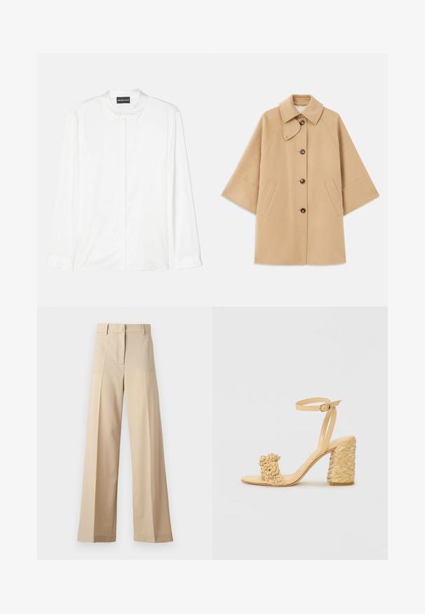 Šviesiai rudas vilnos mišinys paltas su klasikiniu apykakle, priekyje mygtukais užsegamas, ir šoninėmis kišenėmis; turi raglan tipo rankoves ir švarų, struktūrizuotą dizainą.; Balta ilgomis rankovėmis klasikinio kirpimo marškiniai, pagaminti iš lygaus audinio, su klasikinio tipo apykakle, mygtukų užsegimu ir paprastais rankogaliais, turinčiais švarų, minimalistinį dizainą.; Smėliniai plačių kojų kelnių pagamintos iš lygaus audinio, su plokščiu priekiu su klostėmis, užtrauktuku ir kilpomis diržui. Visapusiškai pritaikyta forma.; Bežiniai aukšti kulniukai su pintu tekstūra, puošiami dekoratyvine gėle ir kulkšnies dirželiu. Kvadratinis kulnas suteikia stabilumo.