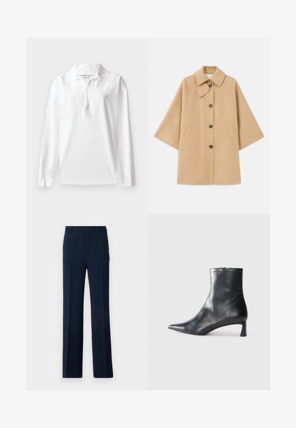 Beige Wollmischungsjacke mit klassischem Kragen, durchgehender Knopfleiste und Seitentaschen; verfügt über Raglanärmel und ein sauberes, strukturiertes Design.; Weißes Langarm-Polohemd aus Baumwolle. Mit breitem Kragen und einem Halbzipverschluss. Glatte Textur mit lockerer Passform.; Marineblaue Hose aus glattem Stoff, mit einem geraden Bein-Design, Vorderfalten und Seitentaschen für einen maßgeschneiderten Look.; Schwarze Lederstiefelette mit spitzer Zehe und schlankem Design. Verfügt über einen niedrigen Absatz und einen Reißverschluss hinten. Glatte Textur.
