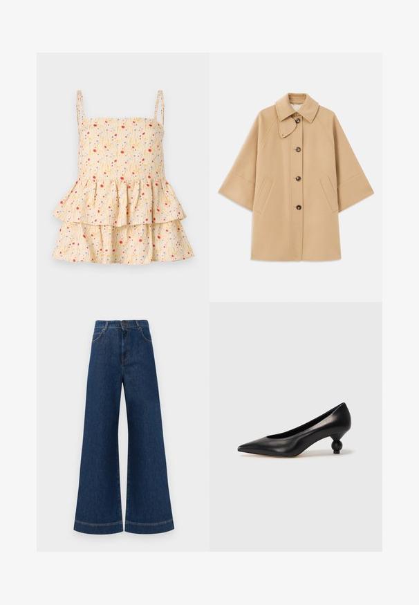 Beige wool blend coat with a classic collar, front button closure, and side pockets; features raglan sleeves and a clean, structured design.; Helmstedt ELLIE - Blouse - cornflower; Wide-leg blue denim jeans with a high waist, featuring a button closure, belt loops, and subtle stitching details along the pockets and hems.; Black leather high heel shoe with a pointed toe and a round, balled heel. Smooth texture with a sleek, minimal design.