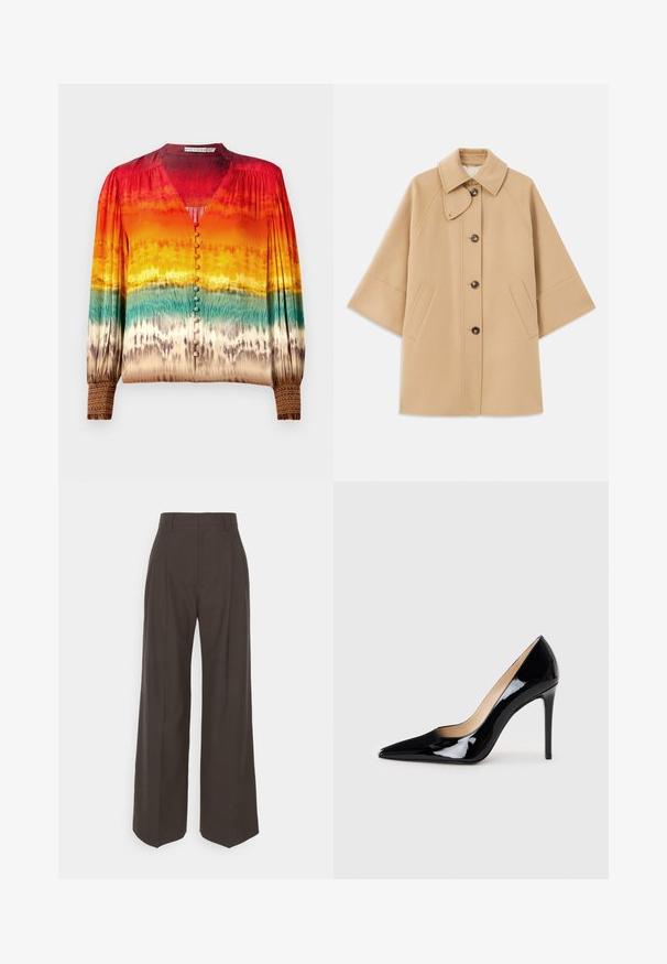 Bež kaput od vune s kombinacijom materijala, klasičnog ovratnika, prednjim zatvorenjem na dugmad i bočnim dzepovima; ima raglan rukave i čist, strukturiran dizajn.; Šarena bluzica s gradijentnim uzorkom od crvene do narančaste do tirkizne, s V-izrezom, gumbima sprijeda i detaljnim rukavima.; Tamno smeđi hlače širokih nogavica s visokim strukom, s uredno peglanim naborima, glatkom teksturom i krojem koji dobro pristaje.; Crne lakirane kožne štikle s dizajnom ušiljenog nosa i elegantnom siluetom. Imaju glatku, sjajnu završnu obradu i vitak stiletto potplat.