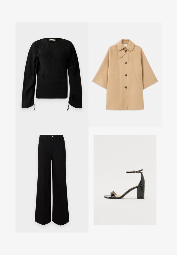 Beige Wollmischungsjacke mit klassischem Kragen, durchgehender Knopfleiste und Seitentaschen; verfügt über Raglanärmel und ein sauberes, strukturiertes Design.; Schwarzes, langärmliges, strukturiertes Oberteil mit dezenten Wellenmustern, Rundhalsausschnitt, leicht gepufften Schultern und kleinen Bändern an den Ärmelenden.; Schwarze weit geschnittene Jeans aus strapazierfähigem Material, mit hoher Taille, Fronttaschen und einem Knopfverschluss vorne. Flacher Saum am Boden.; Schwarze Lackleder-Sandalette mit weitem Absatz, offener Zehenpartie und Knöchelriemen mit goldener Schnalle. Glatte Textur und elegantes Design.