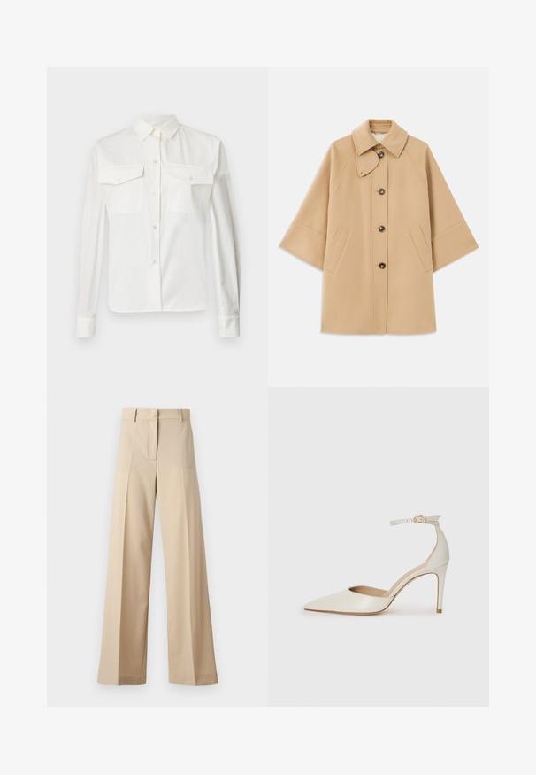 Casaco em mistura de lã bege com colarinho clássico, fecho frontal com botões e bolsos laterais; possui mangas raglan e um design limpo e estruturado.; Camisa de algodão branca de manga longa com colarinho pontudo, dois bolsos frontais e fechamento com botão. Apresenta uma textura suave e um corte ajustado.; Calças largas bege feitas de tecido suave, com frente plana com pregas, fecho de correr e passantes para cinto. Ajuste entalhado no geral.; Sapato de salto alto em pele branca com biqueira pontiaguda, faixa no tornozelo e um salto fino de stiletto. Textura suave com um leve acabamento brilhante.