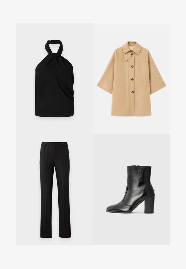 Bežs vilnas maisījuma mētelis ar klasisku apkakli, priekšējo pogu aizdares un sānu kabatām; satur raglanu piedurknes un tīru, strukturētu dizainu.; Iro BIRDA - Blūze - black; Melnas pielāgotas bikses ar taisnu kāju, divām priekšējām kabatām, pogu aizdari un liekumu detaļām priekšpusē. Gluda auduma tekstūra.; Melnas ādas potīšu zābaki ar gludu tekstūru, smailu purngalu un masīlu augstu papēdi. Iekļauts sānu atvērums un minimālistisks dizains.