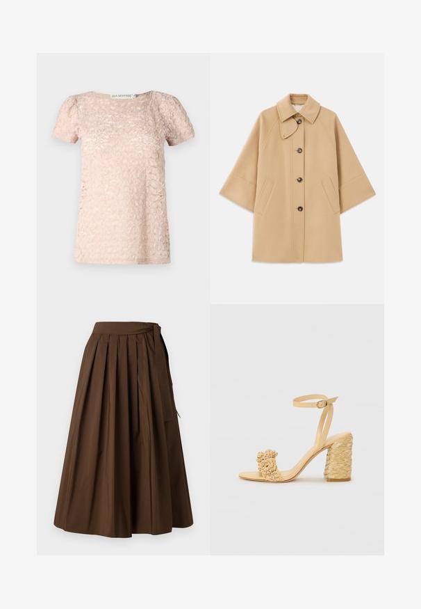 Bežna volnena jopica s klasičnim ovratnikom, sprednjim gumbom za zapiranje in stranskimi žepi; ima raglan rokave in čist, strukturiran dizajn.; Kratkoročna svetlo roza majica z teksturiranim vzorcem, okroglo ovratnico in rahlo napihnjenimi rokavi. Narejena iz mehke, lahke tkanine.; Rjava plisirana krila z gladko teksturo, z visokim pasom in stranskim vezirom za zapiranje.; Beige sandala na visokom potplatu s pletenom teksturom, s dekorativnim cvijetom i remenom oko gležnja. Kvadratna peta osigurava stabilnost.