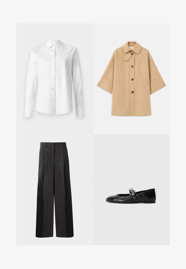 Beige wool blend coat with a classic collar, front button closure, and side pockets; features raglan sleeves and a clean, structured design.; White long-sleeve button-up shirt, made from smooth cotton fabric, features a classic collar and small buttons along the front.; Black wide-leg trousers with a high waist, featuring front pleats, a smooth texture, and a tailored finish. Designed for a relaxed fit.; Black leather ballet flats with a pointed toe, featuring a strap with a circular metallic buckle and a flat sole.