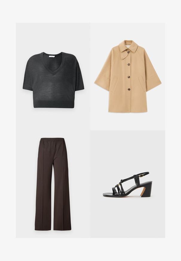 Palton din lână bej, cu un guler clasic, închidere frontală cu nasturi și buzunare laterale; are mâneci raglan și un design curat, structurat.; Tricou scurt negru dintr-un material ușor, cu decolteu în V, mâneci scurte și tiv ribat. Design minimalistic fără modele sau accente.; Pantaloni largi dintr-o țesătură maro închis cu un tiv elastic, având o textură netedă și linii curate pentru un aspect elegant.; Paul Smith AMIRA - Pantofi clasici cu toc - black