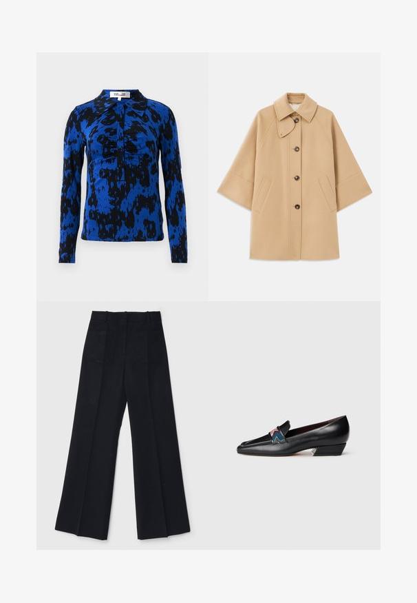 Bež kaput od vune s kombinacijom materijala, klasičnog ovratnika, prednjim zatvorenjem na dugmad i bočnim dzepovima; ima raglan rukave i čist, strukturiran dizajn.; Košulja dugih rukava u plavom i crnom apstraktnom uzorku. Ima ovratnik i dugmad sa naborima na sredini.; Crne široke hlače izrađene od glatkog materijala, s visokim strukom, dva stražnja džepa i suptilnim prednjim plisiranim detaljima za dodatni oblik.; Crna kožna loaferica niskog potplata s oštrom smešnom i šarenim uzorkom na trakama na beloj pozadini.