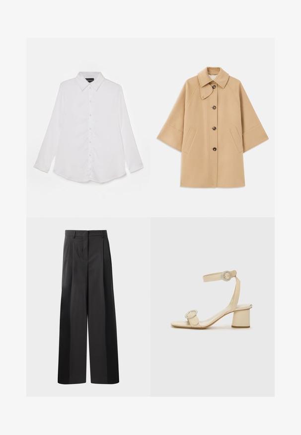 Beige uldblandingsfrakke med klassisk krave, frontknaplukning og sidelommer; har raglanærmer og et rent, struktureret design.; Hvid langærmet skjorte med knaplukning foran, klassisk krave, glat tekstur, buet nedre kant og subtil glans.; Sort brede bukser med høj talje, med folder foran, en glat tekstur og en skræddermæssig finish. Designet til en afslappet pasform.; Beige højhælede sandaler med et minimalistisk design, der har to cirkulære detaljer og en kraftig hæl. Fremstillet af glat læder.