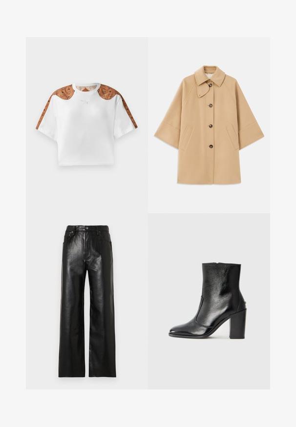 Palton din lână bej, cu un guler clasic, închidere frontală cu nasturi și buzunare laterale; are mâneci raglan și un design curat, structurat.; Tricou alb scurt, cu mâneci scurte, având accente cu model ciocolatiu pe umeri și un mic logo argintiu pe față.; Pantaloni negri din piele cu croială largă, cu finisaj lucios, prevăzuți cu buzunare frontale, fermoar și închidere cu nasture. Textură netedă pe toată suprafața.; Botină din piele neagră, cu o textură netedă, vârf ascuțit și toc gros, înalt. Dispune de o deschidere laterală și un design minimalist.
