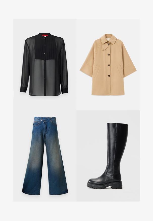Cappotto in misto lana beige con colletto classico, chiusura frontale con bottoni e tasche laterali; presenta maniche a raglan e un design pulito e strutturato.; Camicia nera a maniche lunghe in tessuto trasparente con un pannello frontale plissettato. Caratterizzata da un colletto alla cinese e chiusura a bottone sul davanti.; Jeans blu a gamba larga realizzati in denim, con una finitura leggermente sbiadita, cuciture visibili, due tasche anteriori e chiusura con bottone.; Stivali neri al ginocchio realizzati in pelle liscia, con punta tonda e suola in gomma spessa con modelli di battistrada per una migliore aderenza.