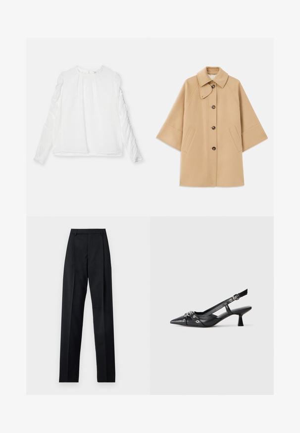 Beige Wollmischungsjacke mit klassischem Kragen, durchgehender Knopfleiste und Seitentaschen; verfügt über Raglanärmel und ein sauberes, strukturiertes Design.; Weißes Langarmoberteil mit rundem Ausschnitt und Gathered-Details an den Ärmeln. Hergestellt aus leichtem Stoff mit fließendem Schnitt.; Schwarze Hosen aus glattem Stoff mit hoher Taille, weitem Bein, vorderen Falten und klassischen Gürtelschlaufen. Keine sichtbaren Seitentaschen.; Schwarzer Leder-Slingback-Schuh mit spitz zulaufender Zehenpartie, dekorativen Riemen mit METALLÖSEN und niedrigem Blockabsatz. Strukturelle Oberfläche.