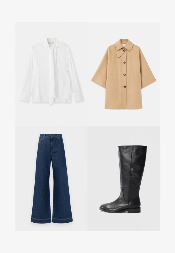 Bež kaput od vune s kombinacijom materijala, klasičnog ovratnika, prednjim zatvorenjem na dugmad i bočnim dzepovima; ima raglan rukave i čist, strukturiran dizajn.; Vanessa Bruno ESTEBAN - Bluza - ecru; Široke plave traperice s visokim strukom, s kopčanjem na gumbe, petljama za remen i suptilnim detaljima šavova duž džepova i rubova.; Crne kožne čizme do koljena s niskim potpeticama i zaobljenim vrhom, s vidljivim šavovima duž cijevi i gornjeg dijela.