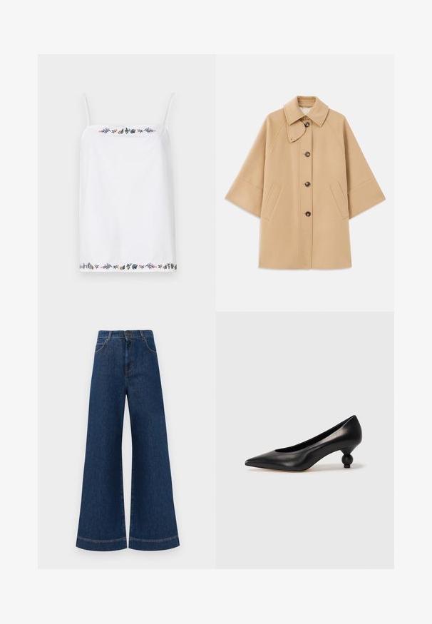 Beige wool blend coat with a classic collar, front button closure, and side pockets; features raglan sleeves and a clean, structured design.; White sleeveless top with thin straps, featuring intricate floral embroidery around the neckline and hem in various colors. Smooth texture.; Wide-leg blue denim jeans with a high waist, featuring a button closure, belt loops, and subtle stitching details along the pockets and hems.; Black leather high heel shoe with a pointed toe and a round, balled heel. Smooth texture with a sleek, minimal design.