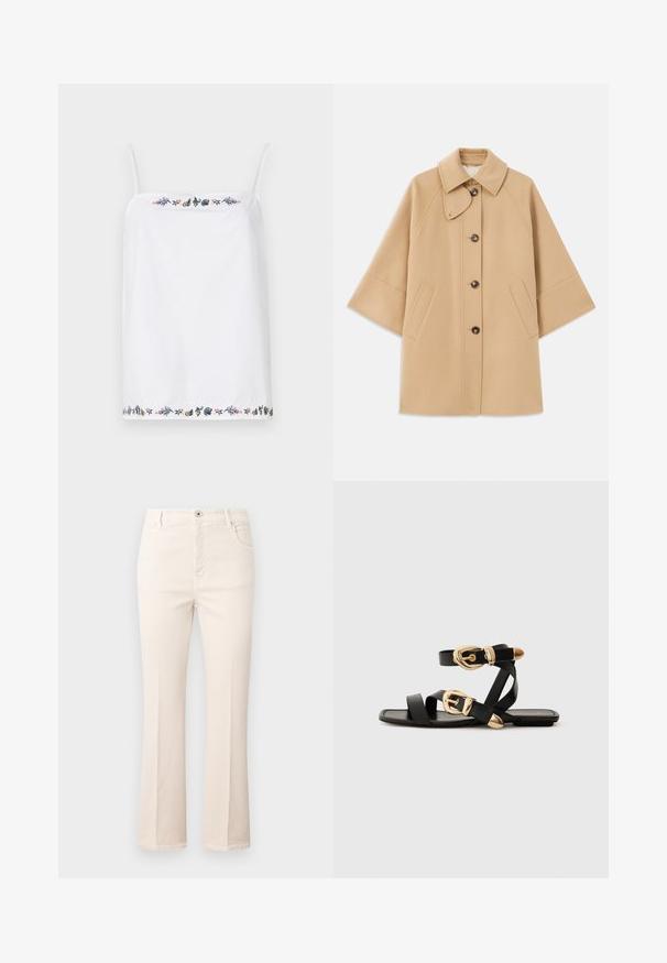Bežna volnena jopica s klasičnim ovratnikom, sprednjim gumbom za zapiranje in stranskimi žepi; ima raglan rokave in čist, strukturiran dizajn.; Bela brezrokavna majica z tankimi naramnicami, ki se ponaša z zapletenim cvetličnim vezenjem okoli dekolteja in roba v različnih barvah. Gladka tekstura.; Svetlo rjave flare kavbojke iz bombaža, z visokim pasom, petimi žepi, gumbom za zapiranje in diskretnimi detajli šivanja.; Črne usnjene sandale z zlatimi zaponkami, ki imajo več trakov in ravno podplati za nošenje brez prstov.
