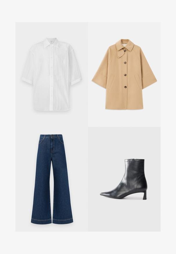 Beige gyapjú mix kabát klasszikus gallérral, elülső gombos záródással és oldalsó zsebekkel; raglán ujjaival és letisztult, strukturált dizájnjával rendelkezik.; Fehér, rövid ujjú gombos ing, könnyű, texturált anyagból készült, gallérral és egyenes aljjal, márkanevével ellátva.; Magas derekú, széles lábú kék farmernadrág, gombos záródással, övhurkokkal és diszkrét varrási részletekkel a zsebeknél és a szegélyeknél.; Fekete bőr bokacsizma hegyes orral és letisztult dizájnnal. Alacsony sarka és hátsó cipzáras záródása van. Simának tűnő textúra.