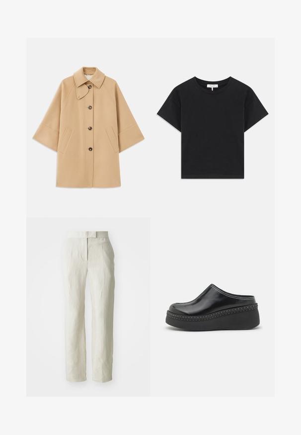 Beige gyapjú mix kabát klasszikus gallérral, elülső gombos záródással és oldalsó zsebekkel; raglán ujjaival és letisztult, strukturált dizájnjával rendelkezik.; Fekete cropped póló, pamutból készült, kerek nyakú, rövid ujjú, egyszerű dizájnnal, minta vagy díszítés nélkül.; Fehér len nadrág, szabott fazonnal, lapos elülső résszel és egyenes lábakkal. Simább textúrájú, enyhe gyűrődési részletekkel.; Fekete fényes platform klumpák lekerekített orral, ívelt felsőrésszel és kontrasztos fehér varrással a talp szélén.