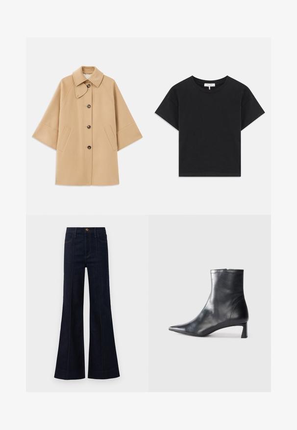 Beige wool blend coat with a classic collar, front button closure, and side pockets; features raglan sleeves and a clean, structured design.; Black cropped t-shirt made of cotton, featuring a round neckline, short sleeves, and a simple design with no patterns or embellishments.; Dark blue denim flared jeans with a high waist, front pockets, and visible stitching. The fabric has a smooth texture and structured shape.; Black leather ankle boot with a pointed toe and a sleek design. Features a low heel and a zipper closure at the back. Smooth texture.