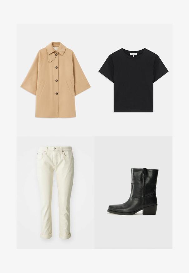 Beige wool blend coat with a classic collar, front button closure, and side pockets; features raglan sleeves and a clean, structured design.; Black cropped t-shirt made of cotton, featuring a round neckline, short sleeves, and a simple design with no patterns or embellishments.; Beige denim jeans with a fitted design, featuring five pockets, a zip fly, and rolled cuffs for a cropped finish.; Black leather ankle boot with a rounded toe, block heel, side zipper, and stitching accents on the vamp. Smooth texture, classic design.
