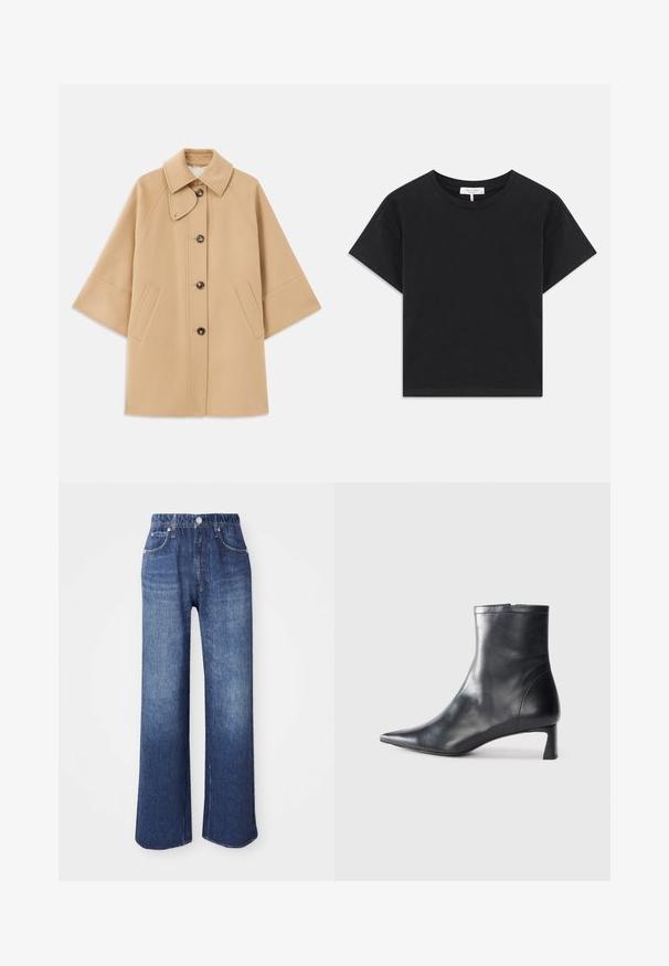 Beige uldblandingsfrakke med klassisk krave, frontknaplukning og sidelommer; har raglanærmer og et rent, struktureret design.; Sort cropped t-shirt lavet af bomuld, med rund halsudskæring, korte ærmer og et enkelt design uden mønstre eller pynt.; Bredde denimjeans i blå, med høj talje, fem lommer og sølvfarvet knaplukning. Stoffet har en glat tekstur med subtile afblegninger.; Sort læder ankelstøvle med spids tå og et strømlinet design. Har en lav hæl og en lynlås lukning bagpå. Glat tekstur.