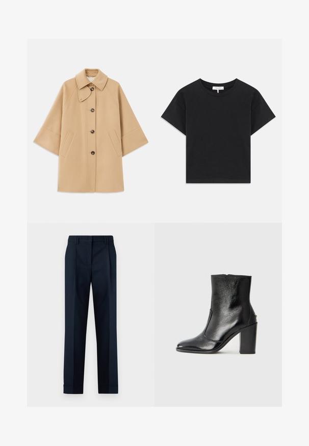 Beige uldblandingsfrakke med klassisk krave, frontknaplukning og sidelommer; har raglanærmer og et rent, struktureret design.; Sort cropped t-shirt lavet af bomuld, med rund halsudskæring, korte ærmer og et enkelt design uden mønstre eller pynt.; Marineblå skræddersyede bukser med en glat tekstur, der har en flad front, dobbelte folder og manchetter ved anklerne.; Sorte læder ankelstøvler med en glat overflade, spids tå og en chunky høj hæl. Har en sidelukning og minimalistisk design.