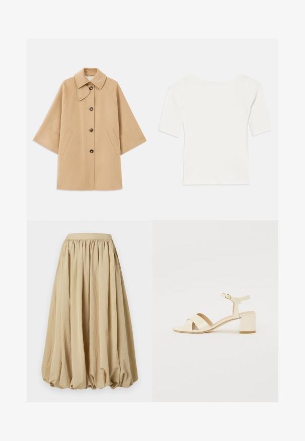 Abrigo de mezcla de lana color beige con un cuello clásico, cierre delantero de botones y bolsillos laterales; presenta mangas raglán y un diseño limpio y estructurado.; Top blanco de manga corta acanalado con un escote amplio. La textura presenta rayas verticales, enfatizando un ajuste ceñido y un diseño sencillo.; Falda midi beige con cinturilla fruncida, tela fluida y forma volumétrica, que presenta una superficie texturizada y detalles de pliegues sutiles.; Sandalias de tacón de charol beige con diseño de tira cruzada, puntera abierta, correa ajustable en el tobillo y tacón cuadrado. Textura suave.