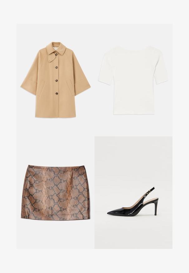 Beige uldblandingsfrakke med klassisk krave, frontknaplukning og sidelommer; har raglanærmer og et rent, struktureret design.; Hvid ribbet kortærmet top med en bred udskæring. Teksturen har lodrette striber, der fremhæver en tætsiddende pasform og et enkelt design.; Alice + Olivia ELANA SNAKE SKIRT - Mini skirts - camel/black; Sort patenteret læder slingback stiletto med spids tå, slank hæl og et subtilt udskæringsdesign. Har en gylden spænde på remmen.