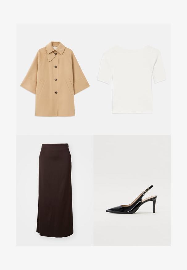 Casaco em mistura de lã bege com colarinho clássico, fecho frontal com botões e bolsos laterais; possui mangas raglan e um design limpo e estruturado.; Top branco de malha com mangas curtas e decote largo. A textura apresenta riscas verticais, realçando um ajuste justo e um design simples.; Saia longa preta feita de tecido suave. Apresenta um design reto com uma fenda lateral para facilitar os movimentos e um detalhe sutil na cintura.; Sandal com salto em verniz preto, bico fino, salto esguio e um design de recorte subtil. Apresenta uma fivela dourada na alça.