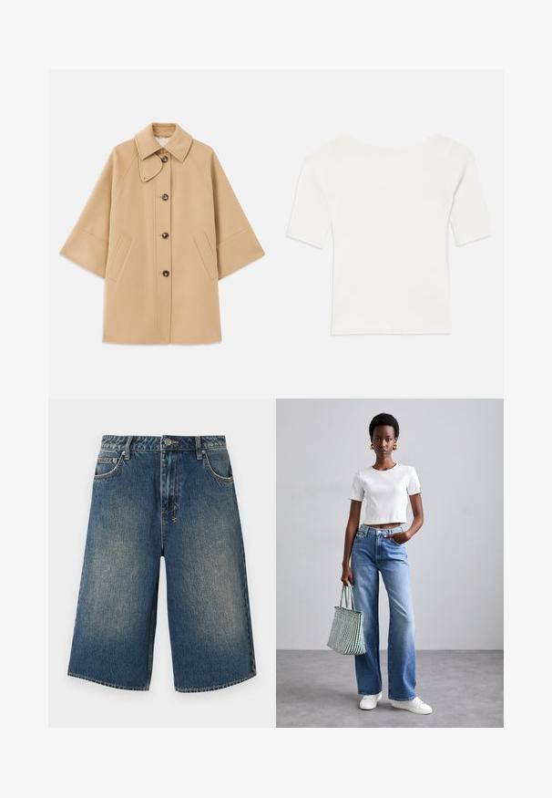 Palton din lână bej, cu un guler clasic, închidere frontală cu nasturi și buzunare laterale; are mâneci raglan și un design curat, structurat.; Top scurt cu mânecă scurtă, alb, cu decolteu larg. Textura are dungi verticale, evidențiind o potrivire strânsă și un design simplu.; Shorts din denim de culoare albastru mediu, cu o croială lejeră, buzunare frontale și închidere cu nasture. Accente uzate și detalii de cusătură vizibile.; Tricou scurt cu dungi albe, blugi cu picioare largi de culoare albastră deschisă și adidași albi. Ținând o geantă de umăr cu dungi verzi și albe.