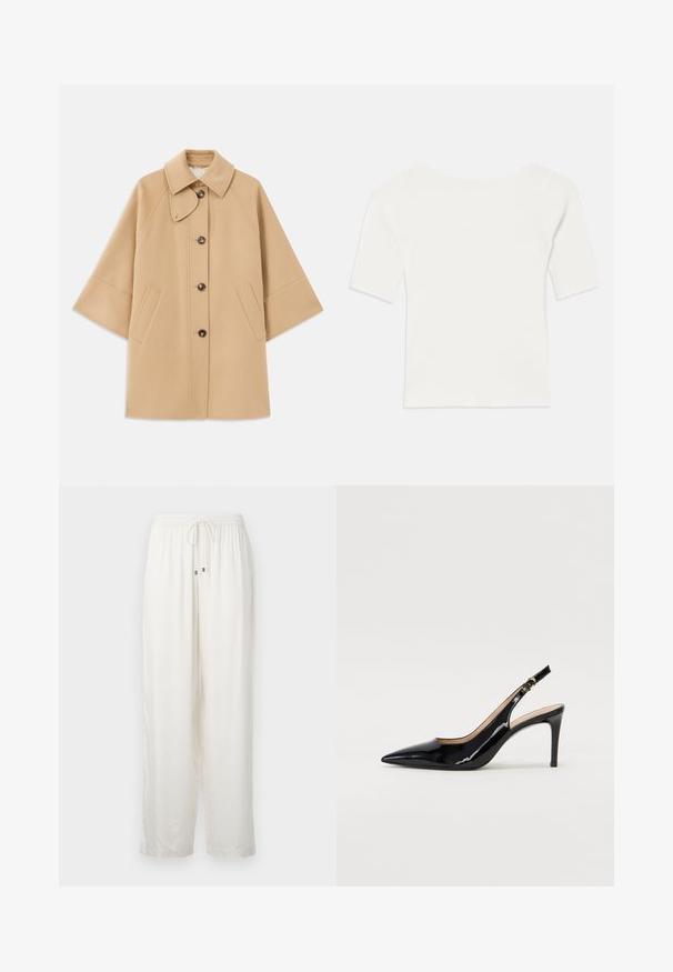 Casaco em mistura de lã bege com colarinho clássico, fecho frontal com botões e bolsos laterais; possui mangas raglan e um design limpo e estruturado.; Top branco de malha com mangas curtas e decote largo. A textura apresenta riscas verticais, realçando um ajuste justo e um design simples.; Calças brancas, leves, de corte folgado, com cintura elástica e cordão. Apresenta um brilho subtil e um design de perna reta.; Sandal com salto em verniz preto, bico fino, salto esguio e um design de recorte subtil. Apresenta uma fivela dourada na alça.