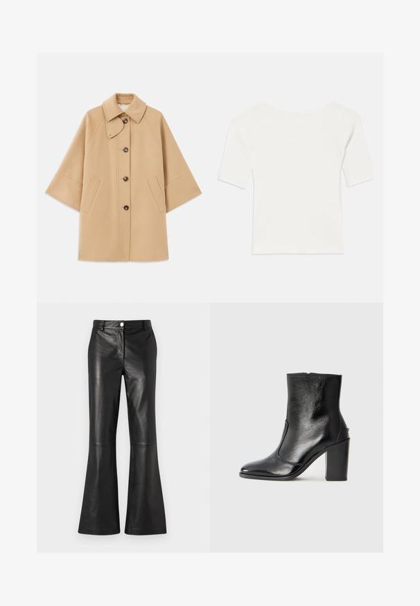 Bež kaput od vune s kombinacijom materijala, klasičnog ovratnika, prednjim zatvorenjem na dugmad i bočnim dzepovima; ima raglan rukave i čist, strukturiran dizajn.; Bijeli rebrasti kratki rukav s širokim izrezom. Tekstura sadrži vertikalne pruge, naglašavajući uski kroj i jednostavan dizajn.; Crne kožne hlače s razrezom, glatke teksture, s prednjim zatvaračem i metalnim gumbom. Čiste linije s minimalnim detaljima.; Crna kožna čizma do gležnjeva s glatkom teksturom, špicastim vrhom i debelim visokim potpeticama. Ima bočni otvor i minimalistički dizajn.