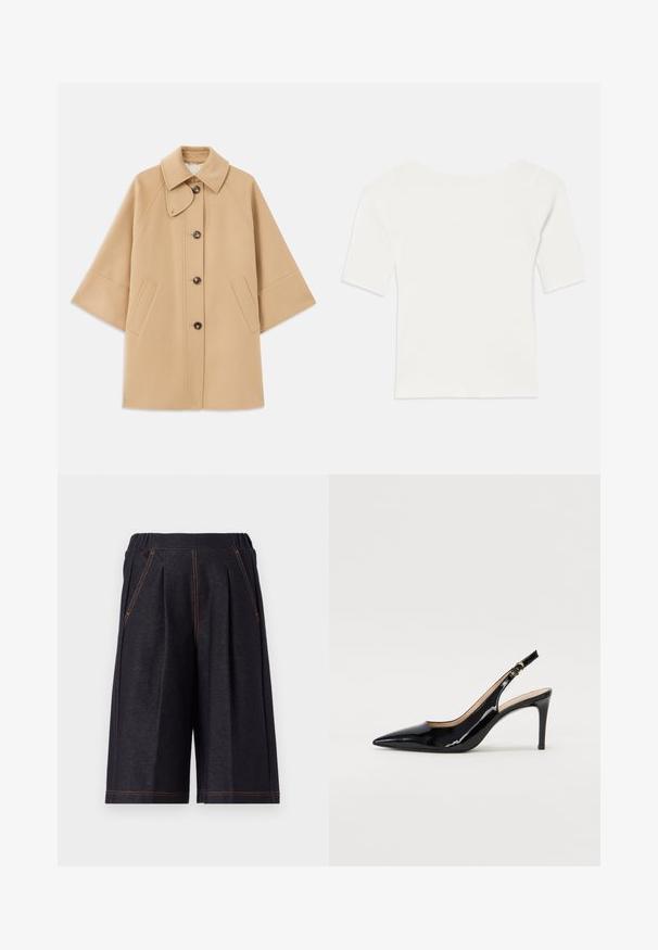 Beige gyapjú mix kabát klasszikus gallérral, elülső gombos záródással és oldalsó zsebekkel; raglán ujjaival és letisztult, strukturált dizájnjával rendelkezik.; Fehér bordázott, rövid ujjú felső széles nyakkivágással. A textúrája függőleges csíkokkal rendelkezik, hangsúlyozva a szoros illeszkedést és az egyszerű dizájnt.; Sötét szürke, puha anyagból készült rövidnadrág, pleátokkal és narancssárga varrási részletekkel. Rugalmas derékpánt a kényelemért, térd hosszúságú kivitel.; Fekete lakk bőr kötött magassarkú cipő, hegyes orral és karcsú sarokkal, finom kivágásos dizájnnal. Az övön arany csatt található.