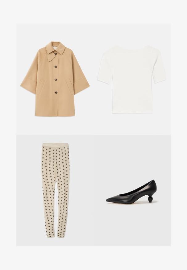 Bežs vilnas maisījuma mētelis ar klasisku apkakli, priekšējo pogu aizdares un sānu kabatām; satur raglanu piedurknes un tīru, strukturētu dizainu.; Balts ribots īsām piedurknēm tops ar plašu dekoltē. Raksts ietver vertikālas līnijas, uzsverot ciešu piegulšanu un vienkāršu dizainu.; Beige leggins ar mīkstu tekstūru, ar visā virsmā redzamiem maziem tumšiem ziediem. Elastīga josta nodrošina ērtu piegulšanu.; Melnas ādas augstpapēžu kurpes ar smailu purngalu un apaļu papēdi. Gluda tekstūra ar elegantu, minimālistisku dizainu.