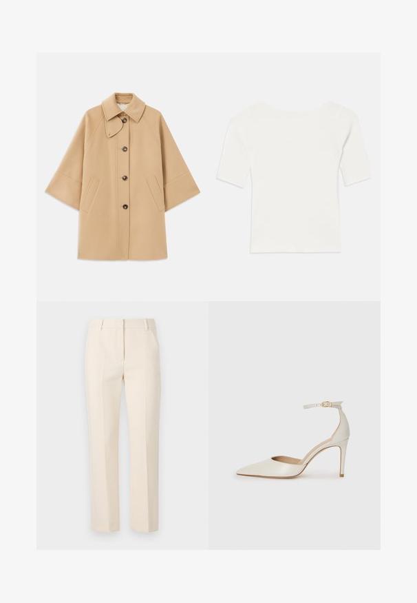 Beige wool blend coat with a classic collar, front button closure, and side pockets; features raglan sleeves and a clean, structured design.; White ribbed short-sleeve top with a wide neckline. The texture features vertical stripes, emphasizing a snug fit and simple design.; Beige tailored trousers with a straight-leg design, two front pleats, and a flat waistband. Made from a smooth fabric. No visible pockets.; White leather high-heeled shoe with a pointed toe, ankle strap, and a slim stiletto heel. Smooth texture with subtle glossy finish.