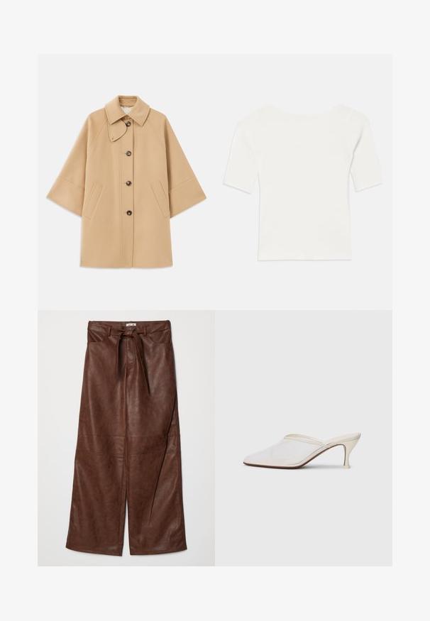 Beige gyapjú mix kabát klasszikus gallérral, elülső gombos záródással és oldalsó zsebekkel; raglán ujjaival és letisztult, strukturált dizájnjával rendelkezik.; Fehér bordázott, rövid ujjú felső széles nyakkivágással. A textúrája függőleges csíkokkal rendelkezik, hangsúlyozva a szoros illeszkedést és az egyszerű dizájnt.; Baum und Pferdgarten NADENE - Nadrágok - washed java; Fehér hálós, hegyes orrú mules cipő, vékony, középmagas sarkával és slip-on kialakításával, egyszerű háttér előtt.