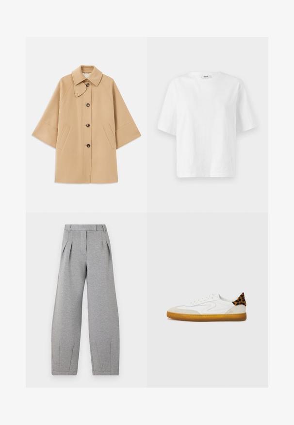 Palton din lână bej, cu un guler clasic, închidere frontală cu nasturi și buzunare laterale; are mâneci raglan și un design curat, structurat.; Tricou alb cu mânecă scurtă, realizat din bumbac, cu un guler rotund și o croială lejeră, boxy, având detalii minime de cusătură.; Pantaloni gri, cu tăietură largă, confecționați dintr-un material moale, având pliseuri în față, o talie plată și cusături drepte pe picioare.; Adidași albi cu un brad din suede texturat și piele, având o accente de imprimeu leopard pe călcâi și o talpă din cauciuc de culoare caramel.