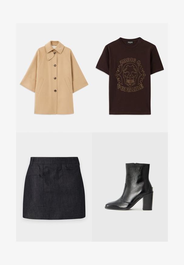 Beige wool blend coat with a classic collar, front button closure, and side pockets; features raglan sleeves and a clean, structured design.; Black t-shirt made of cotton, featuring a skull graphic outlined in gold studs with "Zadig & Voltaire" text, short sleeves and crew neck.; Dark denim skirt with a straight cut, featuring two front pockets and subtle texture. Clean hemline and standard waistband design.; Black leather ankle boot with a smooth texture, pointed toe, and a chunky high heel. Features a side opening and minimalistic design.