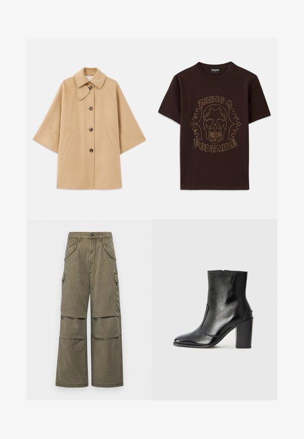 Casaco em mistura de lã bege com colarinho clássico, fecho frontal com botões e bolsos laterais; possui mangas raglan e um design limpo e estruturado.; T-shirt preta feita de algodão, com uma estampa de caveira contornada por rebites dourados e texto "Zadig & Voltaire", mangas curtas e decote redondo.; Calças cargo caqui em algodão, com um estilo de perna larga, vários bolsos e detalhes costurados. Adequadas para uso casual.; Bota ankle preta em pele com uma textura suave, bico fino e um salto alto robusto. Apresenta uma abertura lateral e um design minimalista.