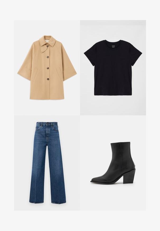 Palton din lână bej, cu un guler clasic, închidere frontală cu nasturi și buzunare laterale; are mâneci raglan și un design curat, structurat.; Tricou scurt, negru, din bumbac moale. Design clasic cu guler rotund, cu o suprafață simplă, neimpodobită și o croială lejeră.; Jeans largi de culoare albastră, din denim, cu talie înaltă, buzunare frontale și cusături în contrast. Materialul are o textură netedă.; Cizma neagră din piele până la gleznă, cu vârf ascuțit, toc pătrat și detalii laterale subtile. Textură netedă cu un design minimalist.