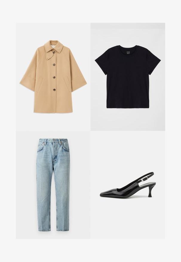 Bežna volnena jopica s klasičnim ovratnikom, sprednjim gumbom za zapiranje in stranskimi žepi; ima raglan rokave in čist, strukturiran dizajn.; Črna kratka majica z njuhami iz mehkega bombaža. Klasičen krožni izrez s preprosto, neokrašeno površino in sproščenim krojem.; Svjetloplave traperice s ravnim nogavicama, pet džepova i suptilnim izblijedjenjem. Imaju zatvaranje na dugme i petlje za remen.; Črne lakirane slingback visoke pete z ostrim nosom in srebrno zaponko na peti, z gladkim, sijajnim zaključkom.