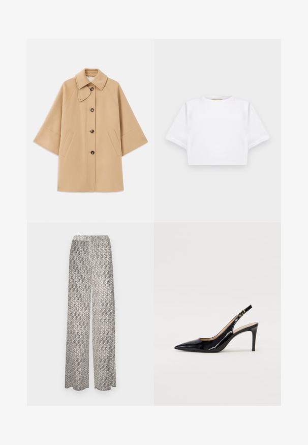 Beige wool blend coat with a classic collar, front button closure, and side pockets; features raglan sleeves and a clean, structured design.; Cropped white t-shirt made of soft fabric, featuring short sleeves, a round neckline, and ribbed hem details. Simple and unembellished design.; Wide-leg pants in a light fabric featuring a repetitive abstract pattern in earthy tones. Elastic waistband for comfort, no additional details.; Black patent leather slingback pump with pointed toe, slim heel, and a subtle cutout design. Features a gold buckle on the strap.