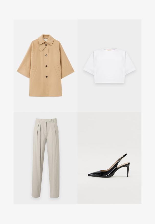 Bežový kabát z vlnenej zmesi s klasickým golierom, predným zapínaním na gombíky a bočnými vreckami; má raglánové rukávy a čistý, štruktúrovaný dizajn.; Strihnuté biele tričko vyrobené z mäkkej látky, s krátkymi rukávmi, okrúhlym výstrihom a rebrovanými detailmi na lemovaní. Jednoduchý a nezdobený dizajn.; Skladané nohavice z ľahkej béžovej ľanovej tkaniny, so strihom rovného nohu a hladkou textúrou. Žiadne viditeľné vrecká ani zapínanie.; Čierne lakované kožené slingback lodičky s špicatou špičkou, štíhlým podpätkom a jemným výrezom. Obsahuje zlatú pracku na remienku.