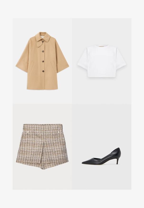 Beež villasegu jakk klassikalise kraega, ees nuppude sulgemise ja küljetaskutega; omab raglan-varrukaid ja puhtalt, struktureeritud disaini.; Lühikeste varrukatega, pehmest kangast lõigatud valge T-särk, millel on ümar kaelus ja soonikuga ääred. Lihtne ja ilma kaunistusteta disain.; Pruunist vaipkattega lühikesed püksid, millel on tekstureeritud viimistlus, esiosas kaks hõbedast nupuvajutust ja kohandatud struktuurne disain.; Mustast nahast kontsakinga terava ninaga ja madala kontsaga. Omadused on sile pind ja peen läige. Esiosal on avatud lõige, mis lisab detaili.