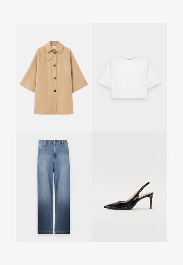 Beige uldblandingsfrakke med klassisk krave, frontknaplukning og sidelommer; har raglanærmer og et rent, struktureret design.; KFrakelse hvid t-shirt lavet af blødt stof, med korte ærmer, rund halsudskæring og ribbede nederste detaljer. Enkel og udekoreret design.; Lys blå, straight-leg denim jeans med en falmende effekt, fem lommer og metalknap lukning i taljen.; Sort patenteret læder slingback stiletto med spids tå, slank hæl og et subtilt udskæringsdesign. Har en gylden spænde på remmen.