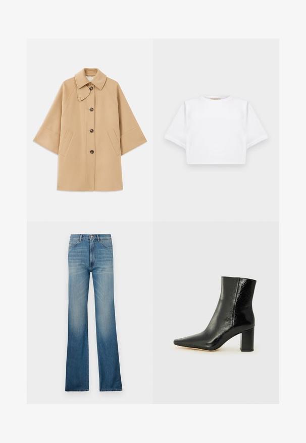 Bež kaput od vune s kombinacijom materijala, klasičnog ovratnika, prednjim zatvorenjem na dugmad i bočnim dzepovima; ima raglan rukave i čist, strukturiran dizajn.; Skraćena bijela majica od mekog materijala, s kratkim rukavima, okruglim izrezom i rebrastim detaljima na rubu. Jednostavan i neukrašen dizajn.; Plave traperice s širokim nogavicama i svijetlim pranje, koje imaju tradicionalni stil s pet džepova i zatvaranje na dugme. Ravan kroj nogavica.; Crne gležnjače od sjajne kože s uskim vrhom i masivnom, kvadratnom petom. Imaju glatku teksturu i minimalistički dizajn.