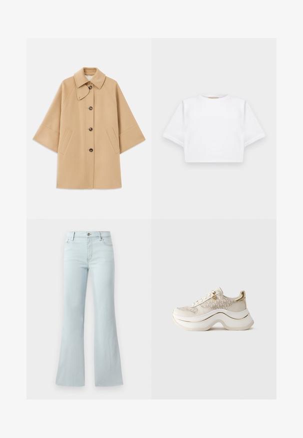Bežový kabát z vlnenej zmesi s klasickým golierom, predným zapínaním na gombíky a bočnými vreckami; má raglánové rukávy a čistý, štruktúrovaný dizajn.; Strihnuté biele tričko vyrobené z mäkkej látky, s krátkymi rukávmi, okrúhlym výstrihom a rebrovanými detailmi na lemovaní. Jednoduchý a nezdobený dizajn.; Svetlomodré rozšírené džíny z denimu. Majú klasický dizajn s piatimi vreckami a predným zapínaním na gombík. Hladká textúra po celom povrchu.; Béžové a zlaté platformové tenisky s vzorom "MK", šnurovacie predné, zlatý prívesok a hrubá vlnitá podrážka na čistom pozadí.