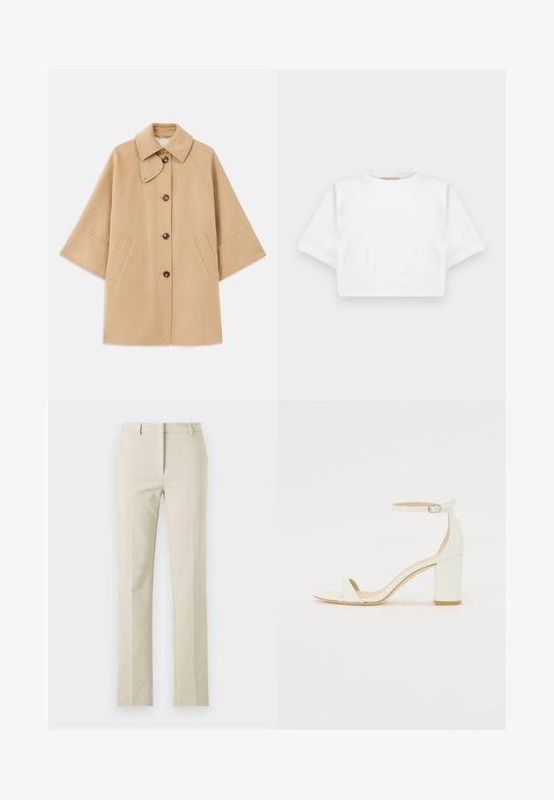 Cappotto in misto lana beige con colletto classico, chiusura frontale con bottoni e tasche laterali; presenta maniche a raglan e un design pulito e strutturato.; T-shirt bianca cropped realizzata in tessuto morbido, con maniche corte, scollo rotondo e dettagli a costine sull'orlo. Design semplice e senza fronzoli.; Pantaloni beige su misura con frontale piatto, gambe dritte, passanti per la cintura e una trama liscia. Design minimalista senza motivi visibili.; Sandal con tacco cubano bianco in pelle, caratterizzata da una cinghia alla caviglia con fibbia e design minimalista. Punta aperta e texture liscia in tutto il sandalo.