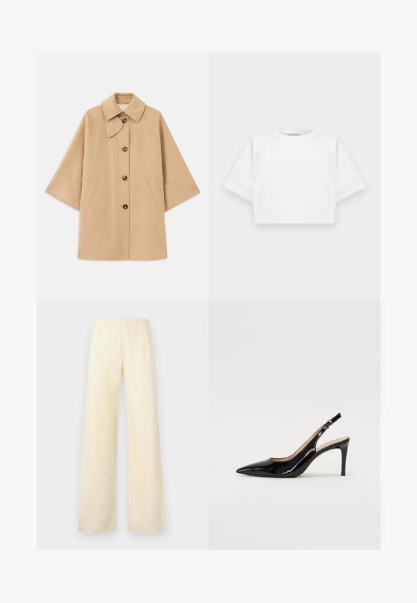 Beige wool blend coat with a classic collar, front button closure, and side pockets; features raglan sleeves and a clean, structured design.; Cropped white t-shirt made of soft fabric, featuring short sleeves, a round neckline, and ribbed hem details. Simple and unembellished design.; Wide-leg trousers in light yellow cotton. Features an elastic waistband and smooth texture, with no visible pockets or embellishments.; Black patent leather slingback pump with pointed toe, slim heel, and a subtle cutout design. Features a gold buckle on the strap.